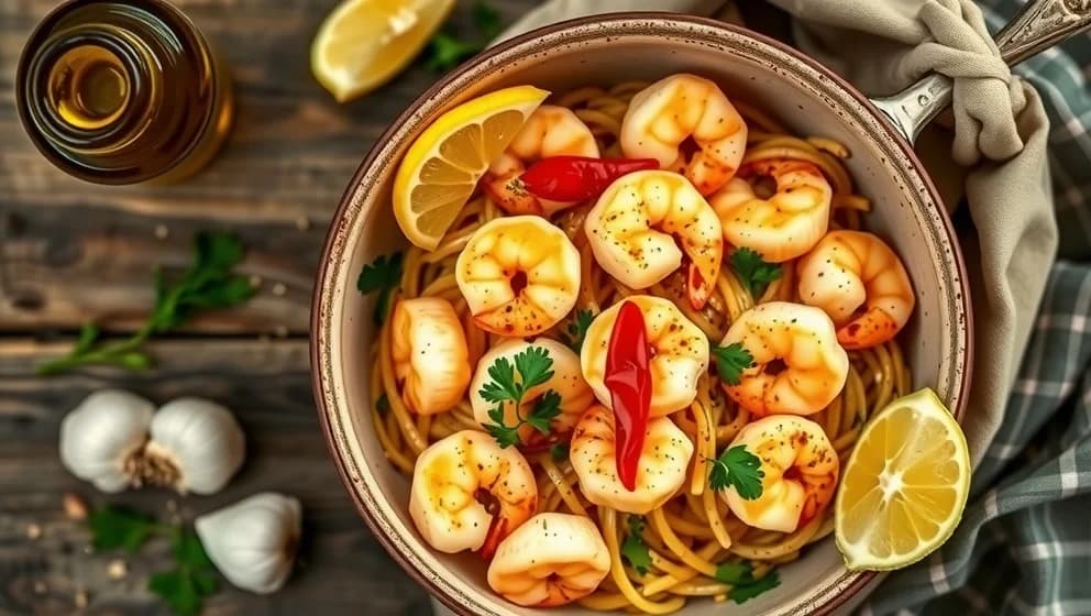 Pasta scampi med vitlök och grädde